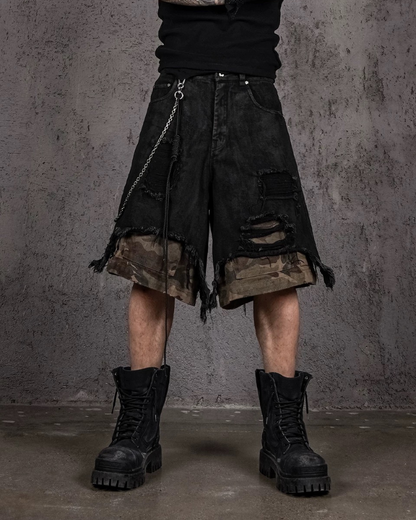 Wasteland Wear Distressed Patchwork Camo Cargo Shorts | Baggy Jorts