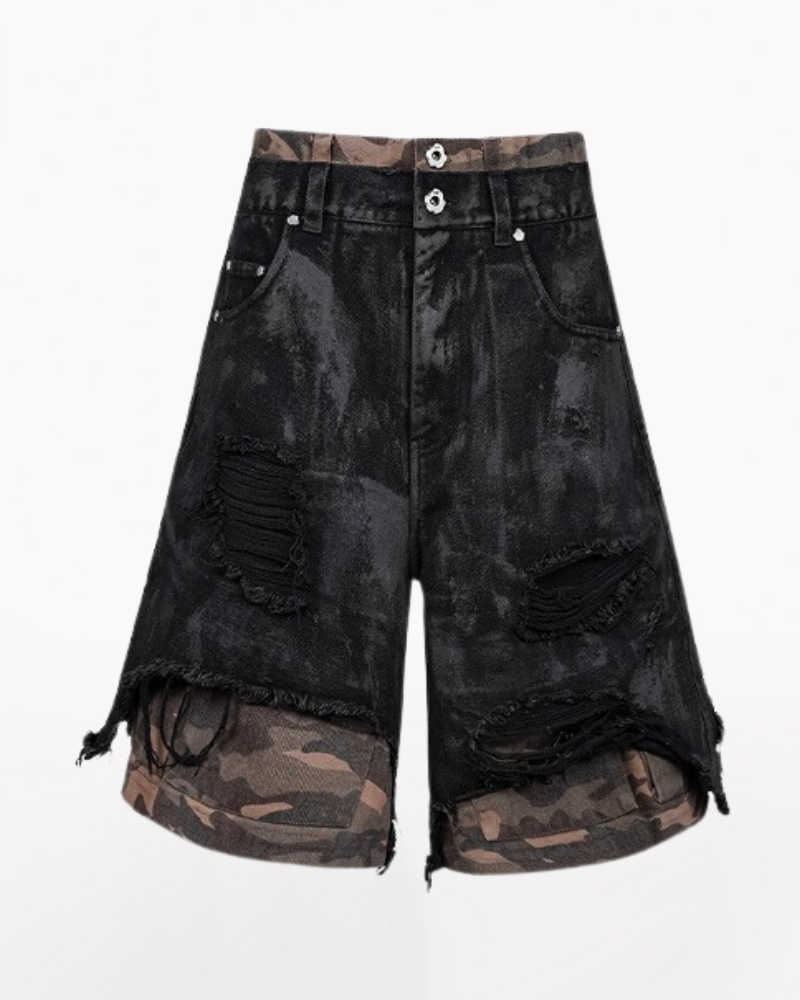 Wasteland Wear Distressed Patchwork Camo Cargo Shorts | Baggy Jorts