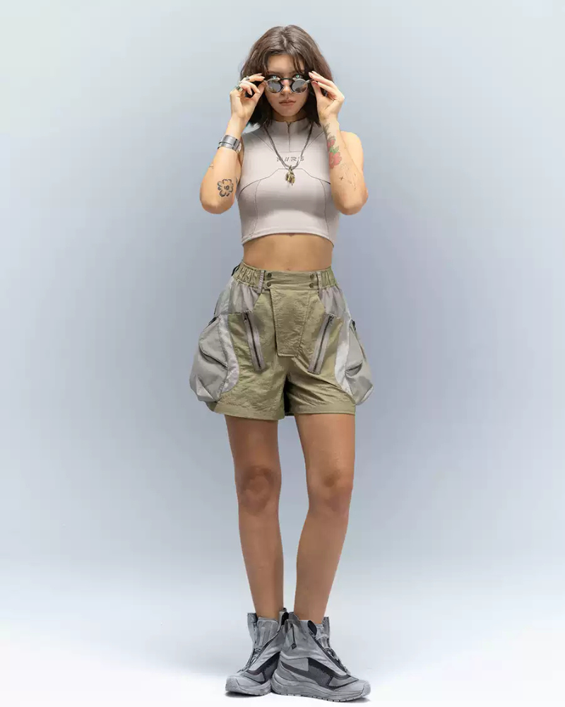 XIPHEVIL Cyberpunk Street-Style Star Arc Cocoon Pocket Shorts - Women