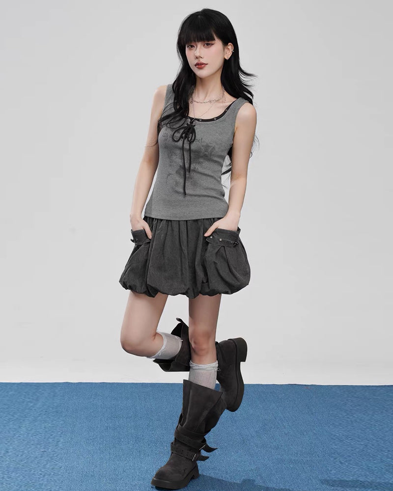 Y2K Grey Cargo Bubble Mini Skirt