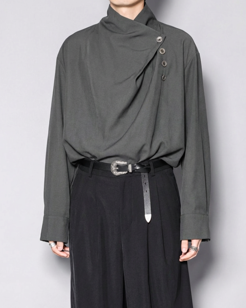 Yamamoto Half-Stand Draped Collar Long-Sleeve Shirt