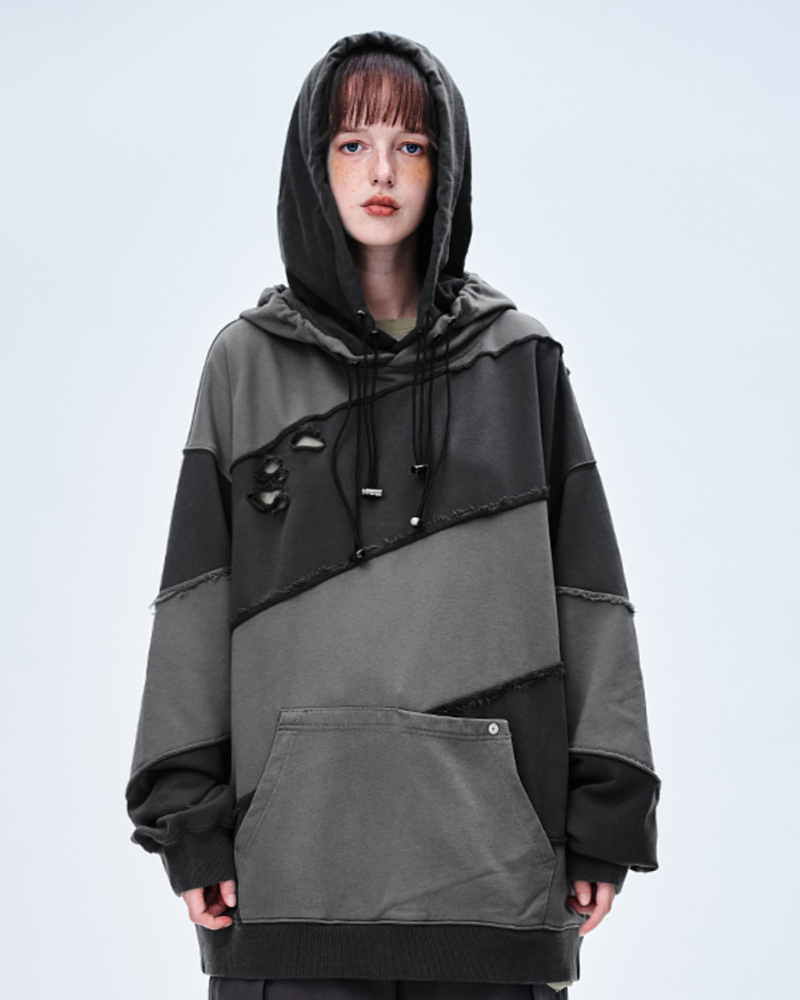 Streetwear Zipper Double Layer Patchwork Unisex Hoodie