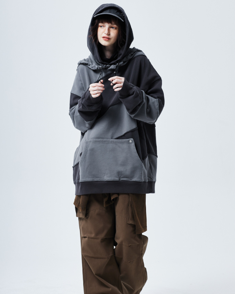 Streetwear Zipper Double Layer Patchwork Unisex Hoodie