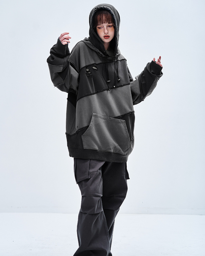 Streetwear Zipper Double Layer Patchwork Unisex Hoodie