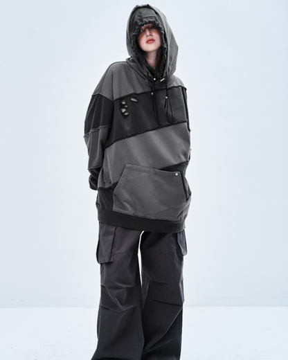 Streetwear Zipper Double Layer Patchwork Unisex Hoodie