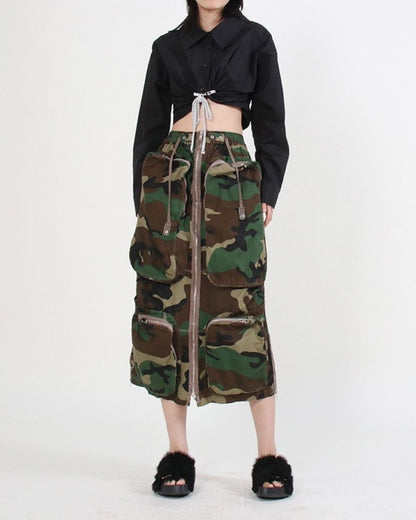 Zipper Multi-Pockets Long Cargo Skirt