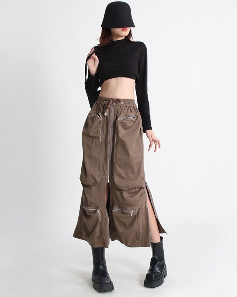 Zipper Multi-Pockets Long Cargo Skirt