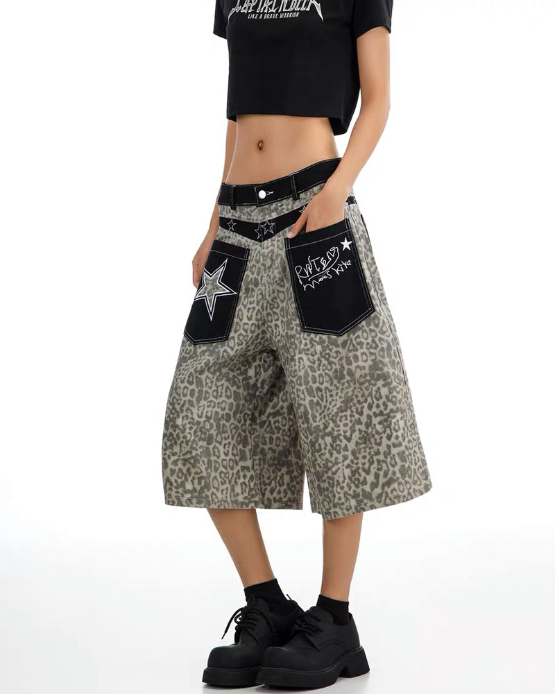 Unisex Vintage Distressed Leopard Baggy Jorts
