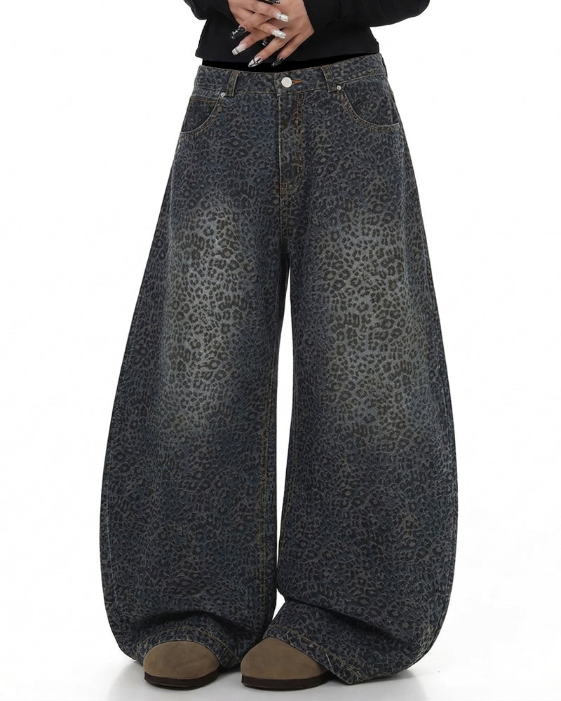 Gradient Leopard Print  Wide-Leg Unisex Baggy Jeans