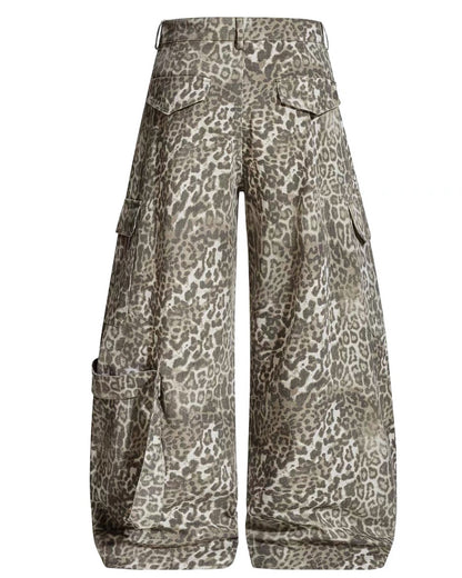 Multi Pockets Zip Leopard Unisex Baggy Cargo Jeans