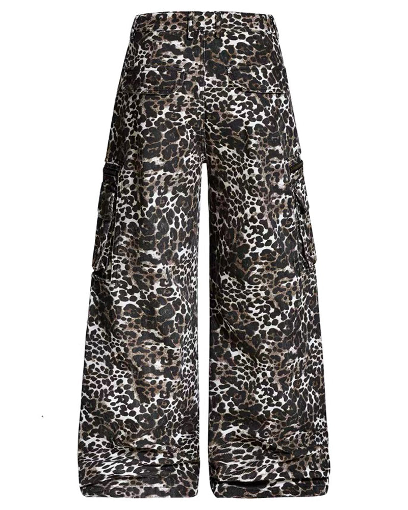 Multi-Pocket Baggy Unisex Leopard Cargo Jeans