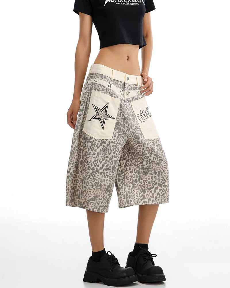 Unisex Vintage Distressed Leopard Baggy Jorts