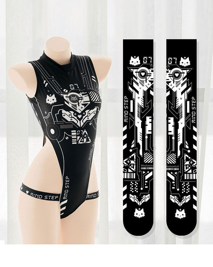 Cyberpunk Black Mechanic Cat Leg Ring Swimsuit Socks Mask Set - Techwear Official