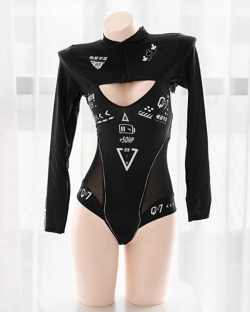 Cyberpunk Cut Out Mesh Swimsuit Socks Mask Set