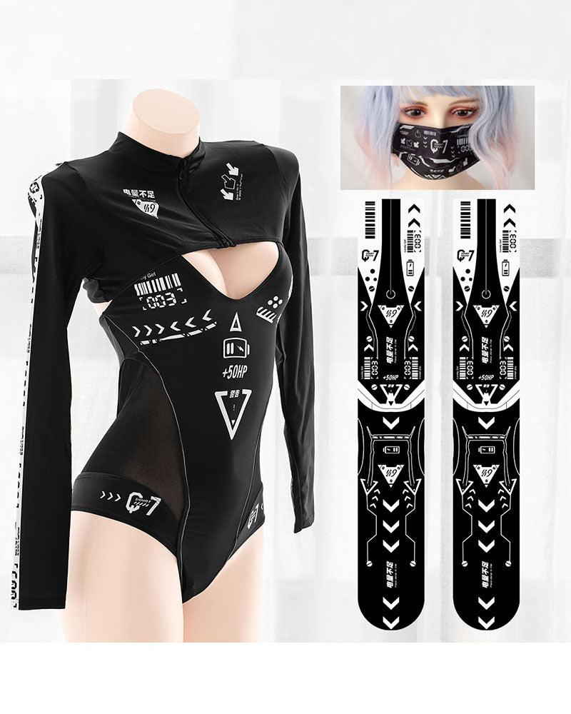 Cyberpunk Cut Out Mesh Swimsuit Socks Mask Set