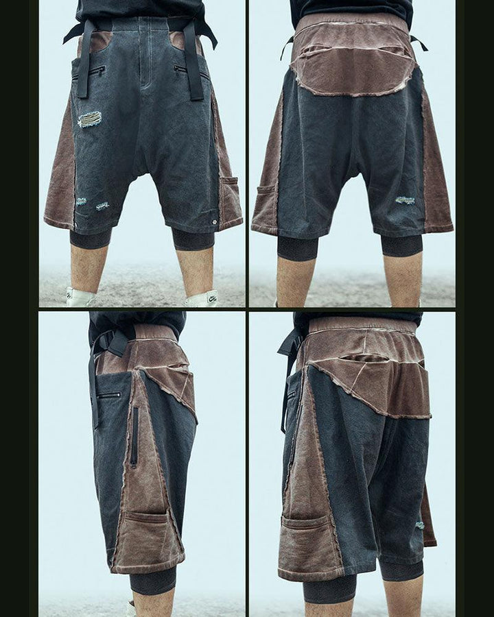Cyberpunk Washed Denim Belt Shorts - Techwear Official