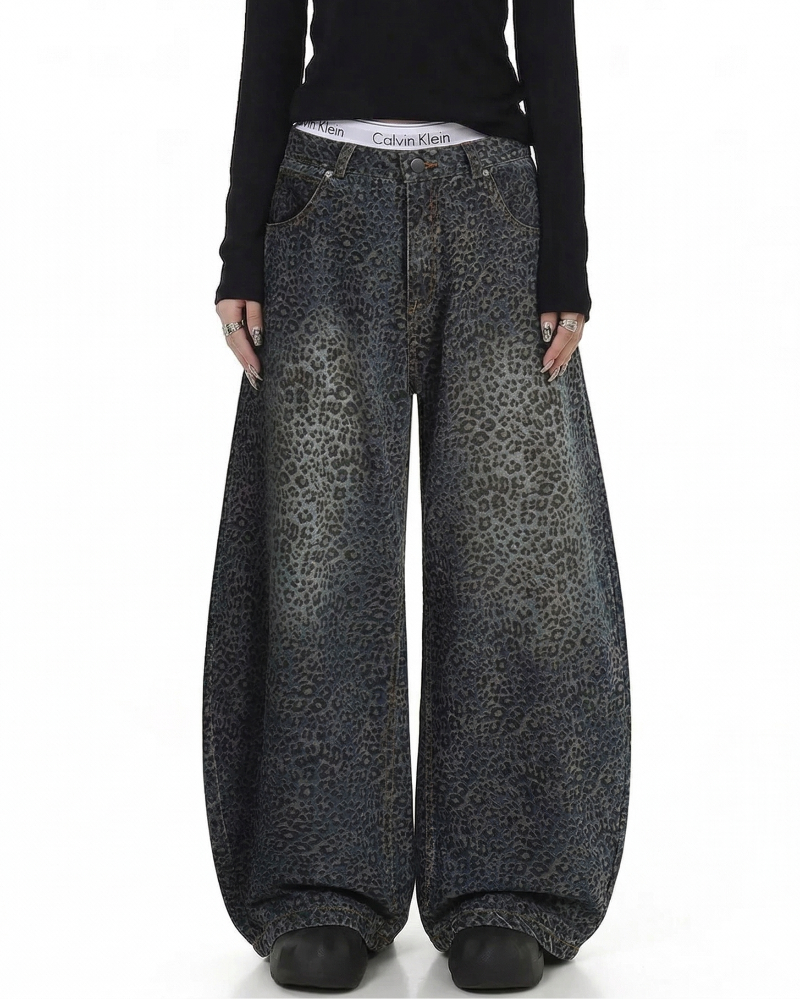 Gradient Leopard Print  Wide-Leg Unisex Baggy Jeans