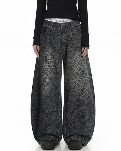 Gradient Leopard Print  Wide-Leg Unisex Baggy Jeans