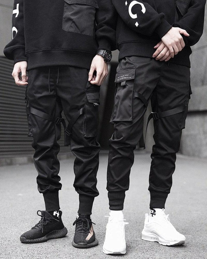 Hot】Techwear Ribbons Hip Hop Tactical Cargo Pants Men's Casual Letter  Embroidery Streetwear Dance Sport Pencil Pants Male Trousers
