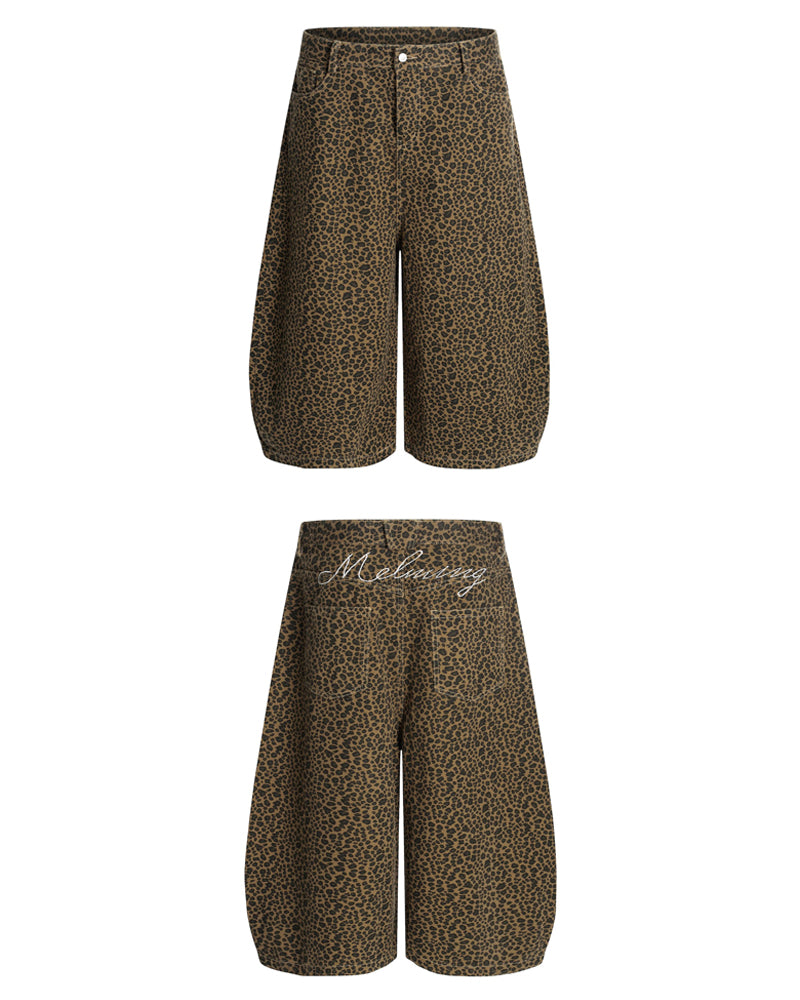 Unisex Vintage Baggy Embroidered leopard jorts