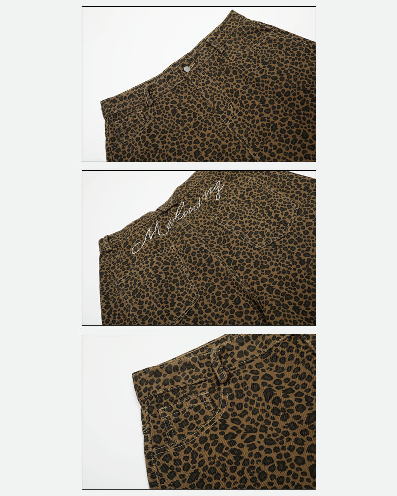 Unisex Vintage Baggy Embroidered leopard jorts