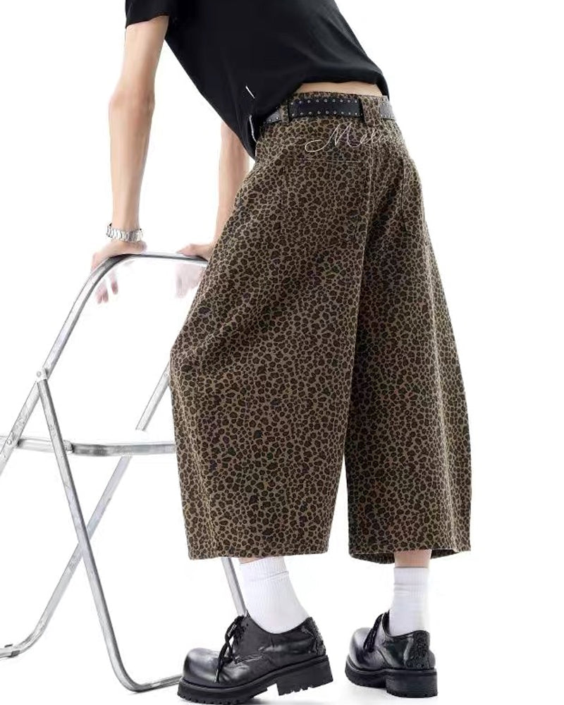 Unisex Vintage Baggy Embroidered leopard jorts