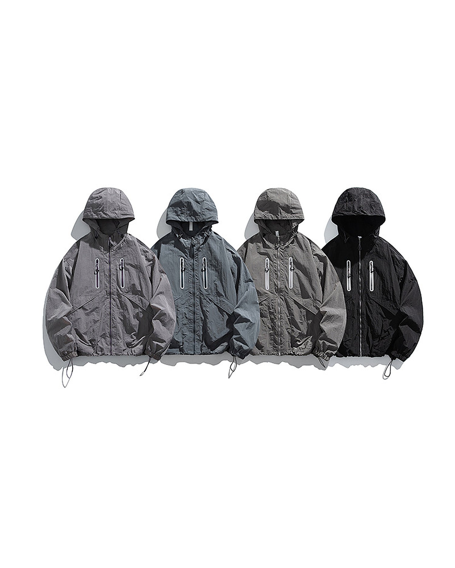 Hooded softshell windbreaker jacket four colors Rose Ash Alpine Blue Shadow Grey Obsidian Black lineup, white background