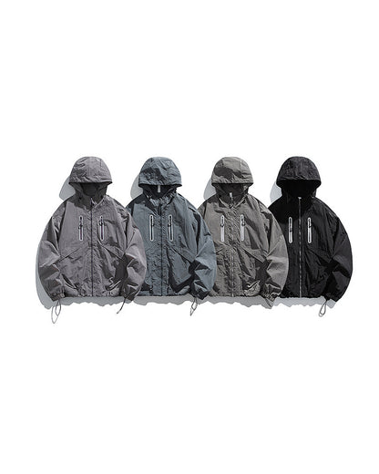 Hooded softshell windbreaker jacket four colors Rose Ash Alpine Blue Shadow Grey Obsidian Black lineup, white background