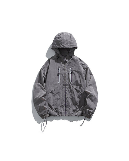 Rose Ash hooded softshell windbreaker jacket flat lay front, ghost mannequin, white background