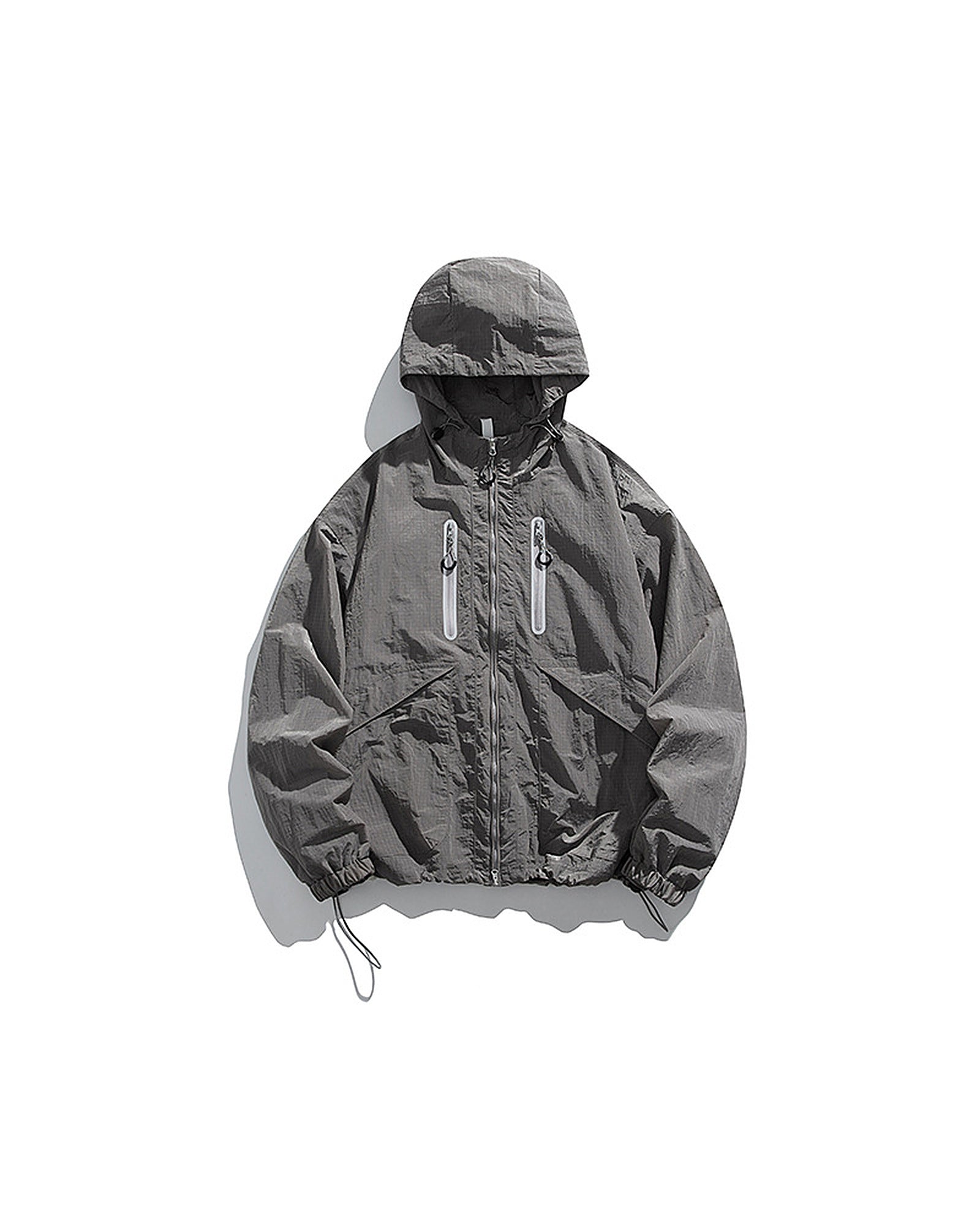 Shadow Grey hooded softshell windbreaker jacket flat lay front, ghost mannequin, white background