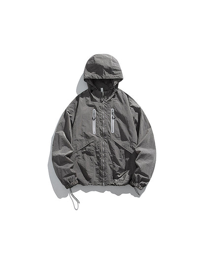 Shadow Grey hooded softshell windbreaker jacket flat lay front, ghost mannequin, white background