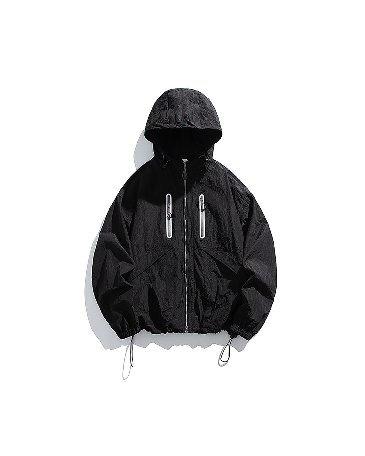 Obsidian Black hooded softshell windbreaker jacket flat lay front, ghost mannequin, white background