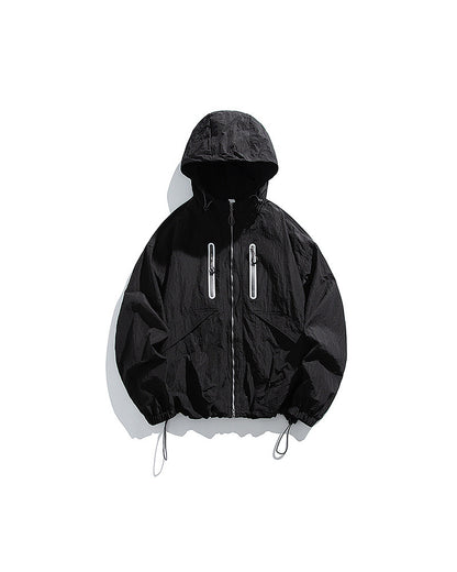 Obsidian Black hooded softshell windbreaker jacket flat lay front, ghost mannequin, white background