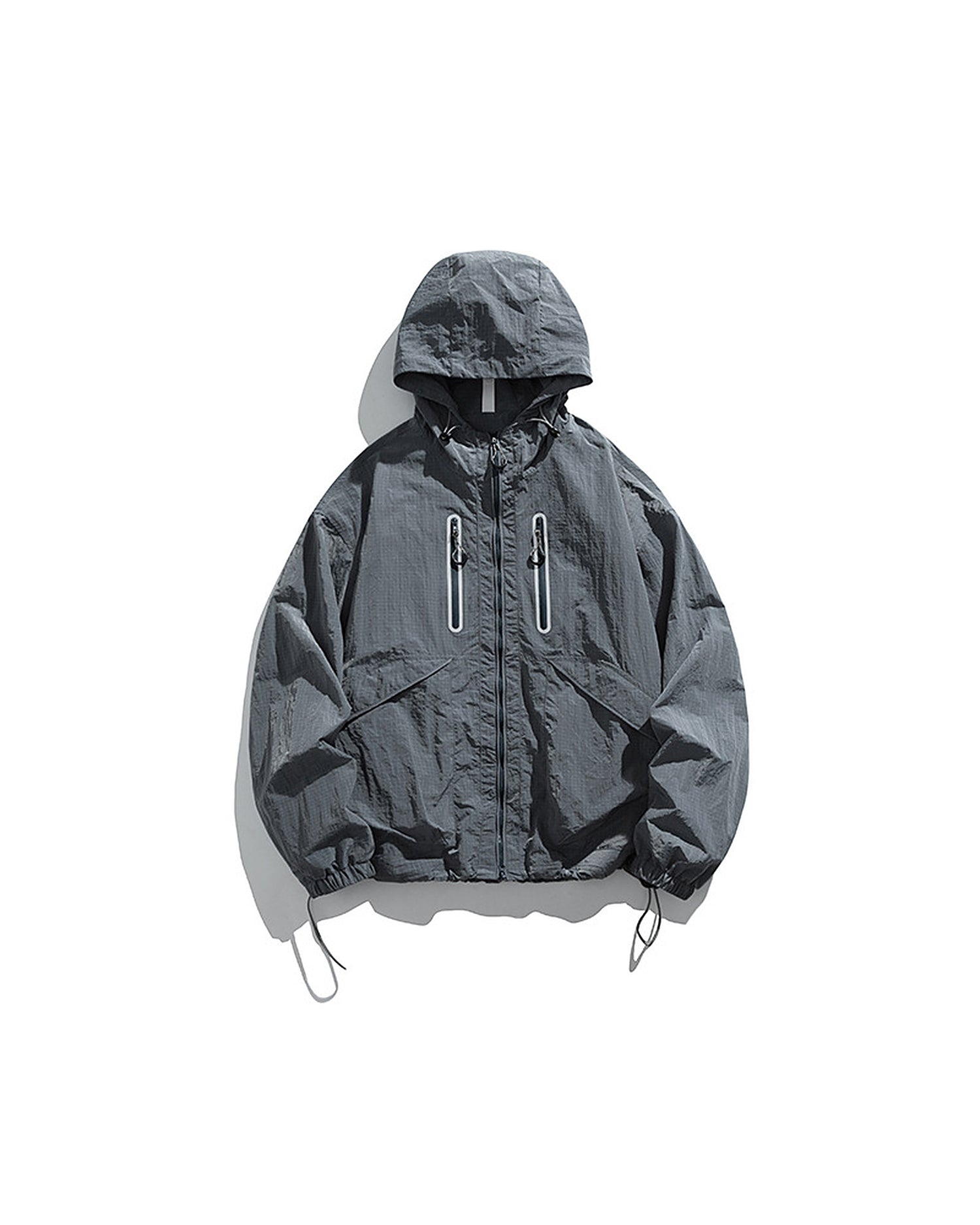 Alpine Blue hooded softshell windbreaker jacket flat lay front, ghost mannequin, white background
