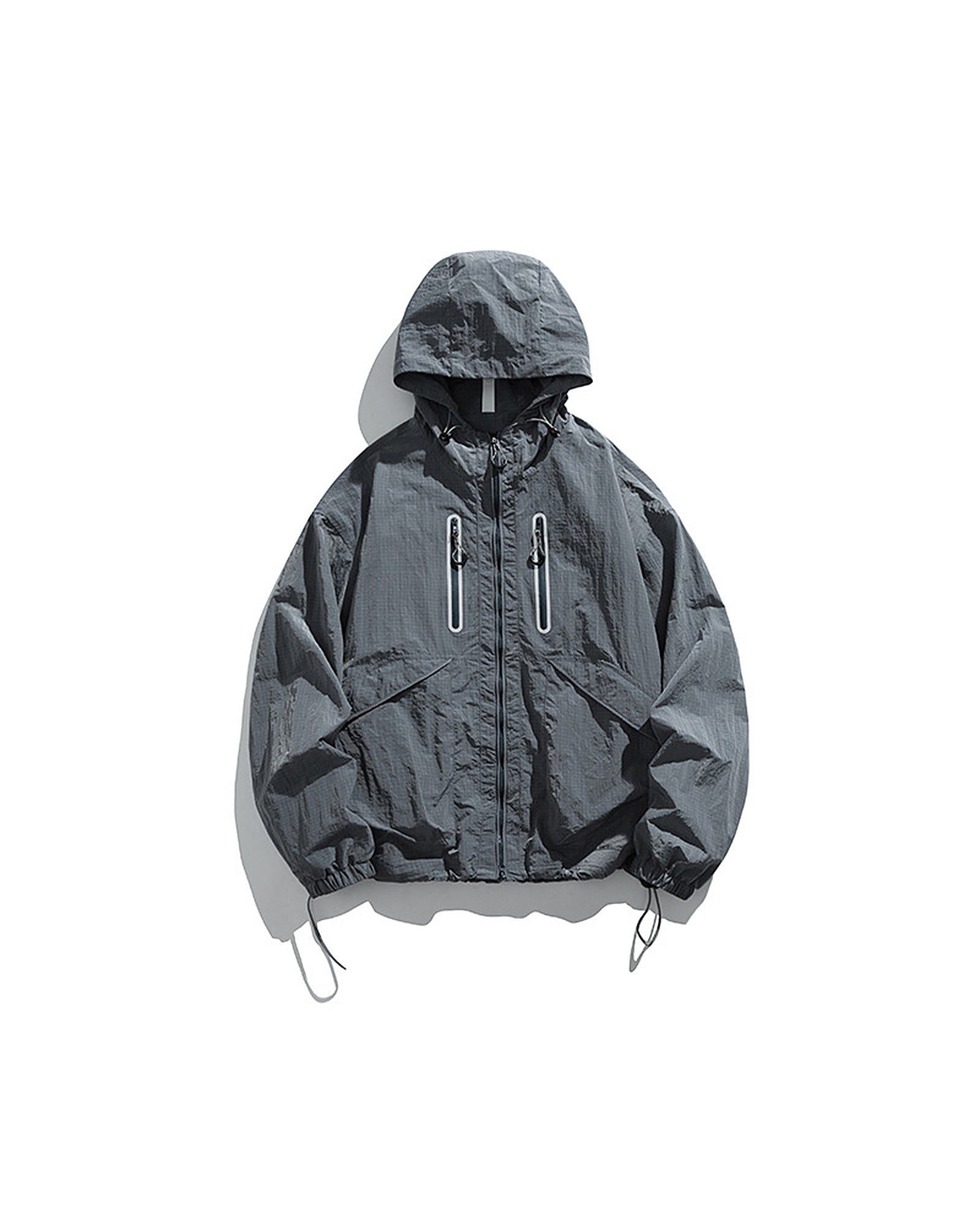 Alpine Blue hooded softshell windbreaker jacket flat lay front, ghost mannequin, white background