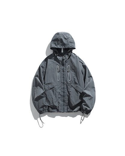Alpine Blue hooded softshell windbreaker jacket flat lay front, ghost mannequin, white background