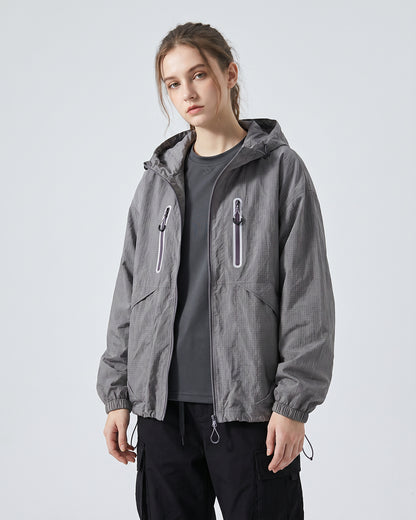 European female model in Rose Ash hooded softshell windbreaker jacket, front view, clean studio e-commerce