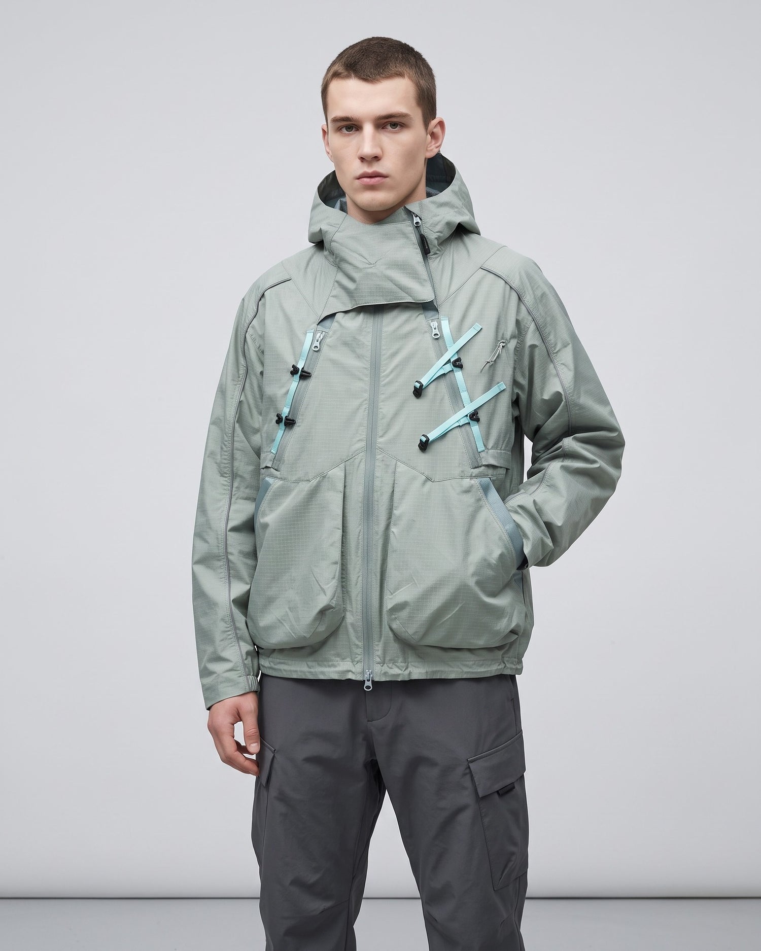 Bamboo Green 2-in-1 detachable hooded shell jacket on male model with teal webbing buckles, technical outdoor techwear studio shot