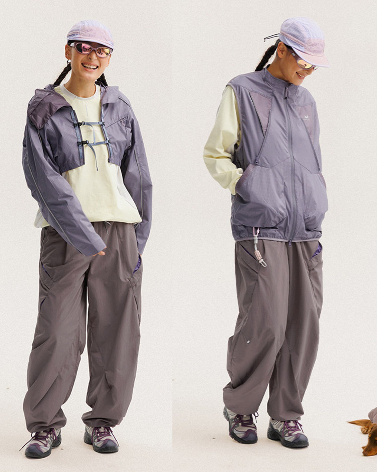 Mist Lavender 2-in-1 detachable jacket shown two ways: outer shell layered over inner and inner vest worn alone, on models, outdoor techwear