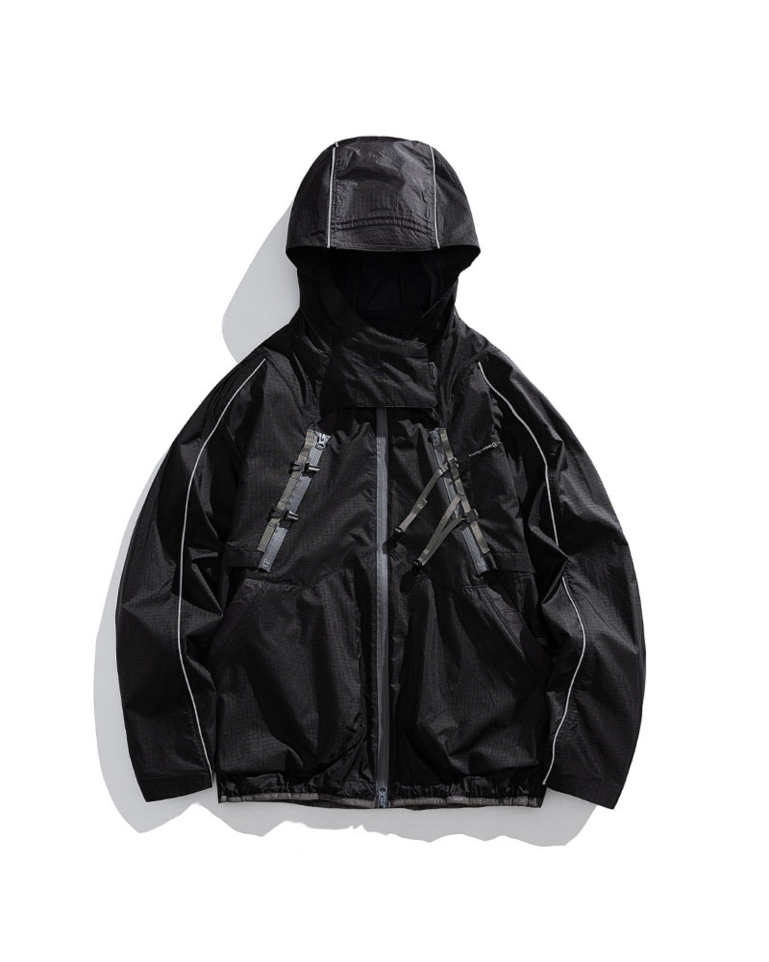 Midnight Black 2-in-1 detachable hooded shell jacket flat lay front, reflective piping and X-webbing chest buckles, outdoor techwear