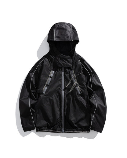 Midnight Black 2-in-1 detachable hooded shell jacket flat lay front, reflective piping and X-webbing chest buckles, outdoor techwear
