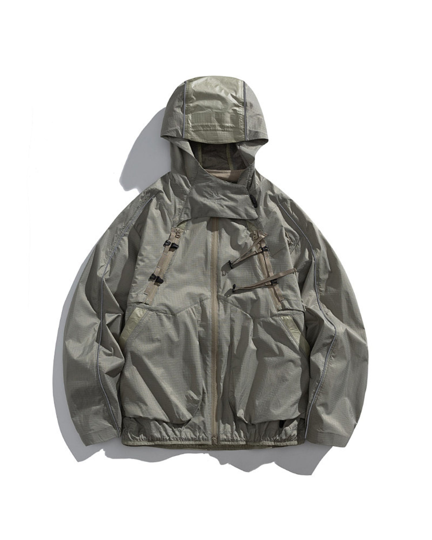 Sandstone Khaki 2-in-1 detachable hooded shell jacket flat lay front with mint webbing buckles, olive outdoor techwear
