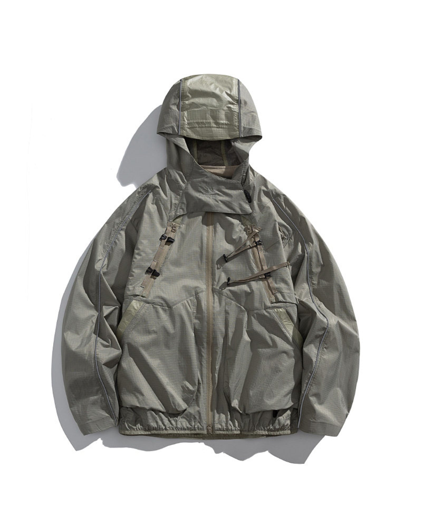 Sandstone Khaki 2-in-1 detachable hooded shell jacket flat lay front with mint webbing buckles, olive outdoor techwear