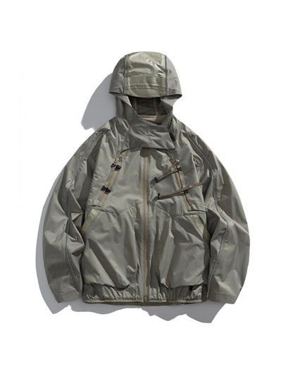 Sandstone Khaki 2-in-1 detachable hooded shell jacket flat lay front with mint webbing buckles, olive outdoor techwear