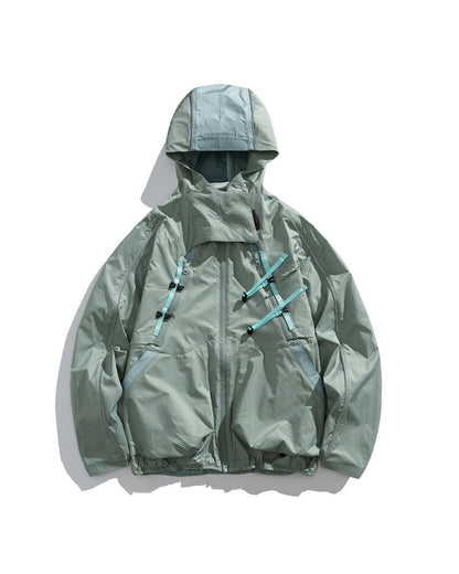 Bamboo Green 2-in-1 detachable hooded shell jacket flat lay front with teal webbing buckles, fresh sage outdoor techwear