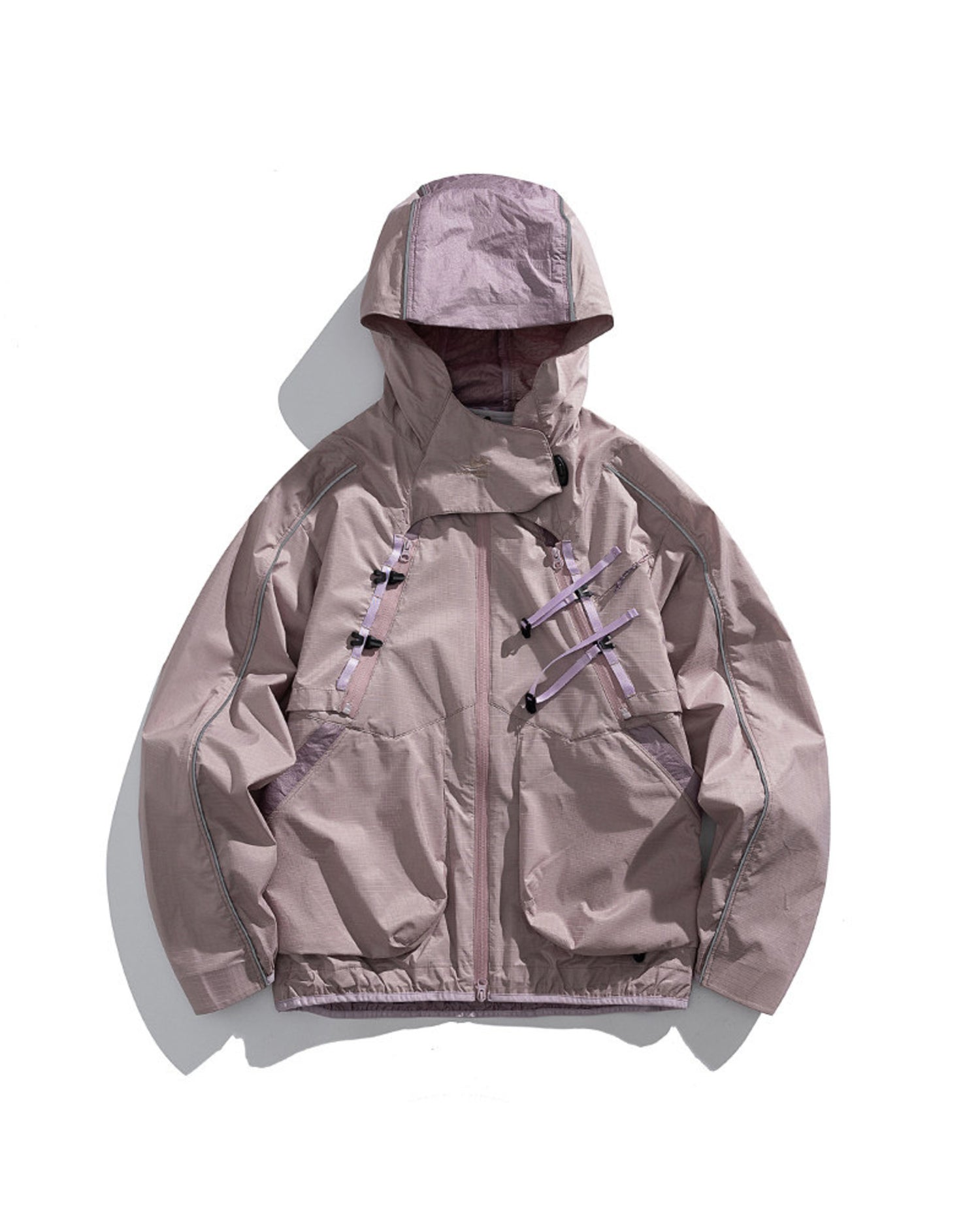 Grapefruit Pink 2-in-1 detachable hooded shell jacket flat lay front, dusty mauve-pink outdoor techwear with lavender buckles