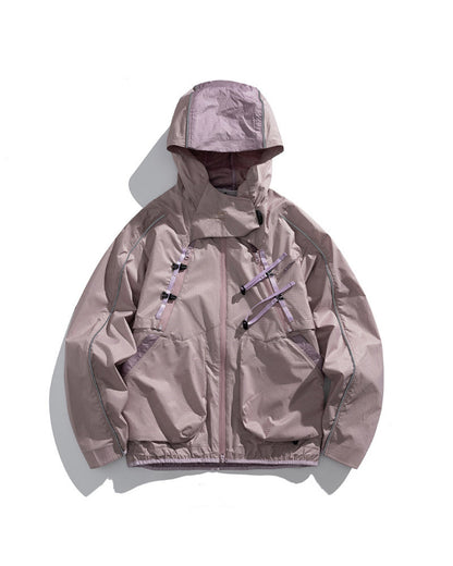 Grapefruit Pink 2-in-1 detachable hooded shell jacket flat lay front, dusty mauve-pink outdoor techwear with lavender buckles