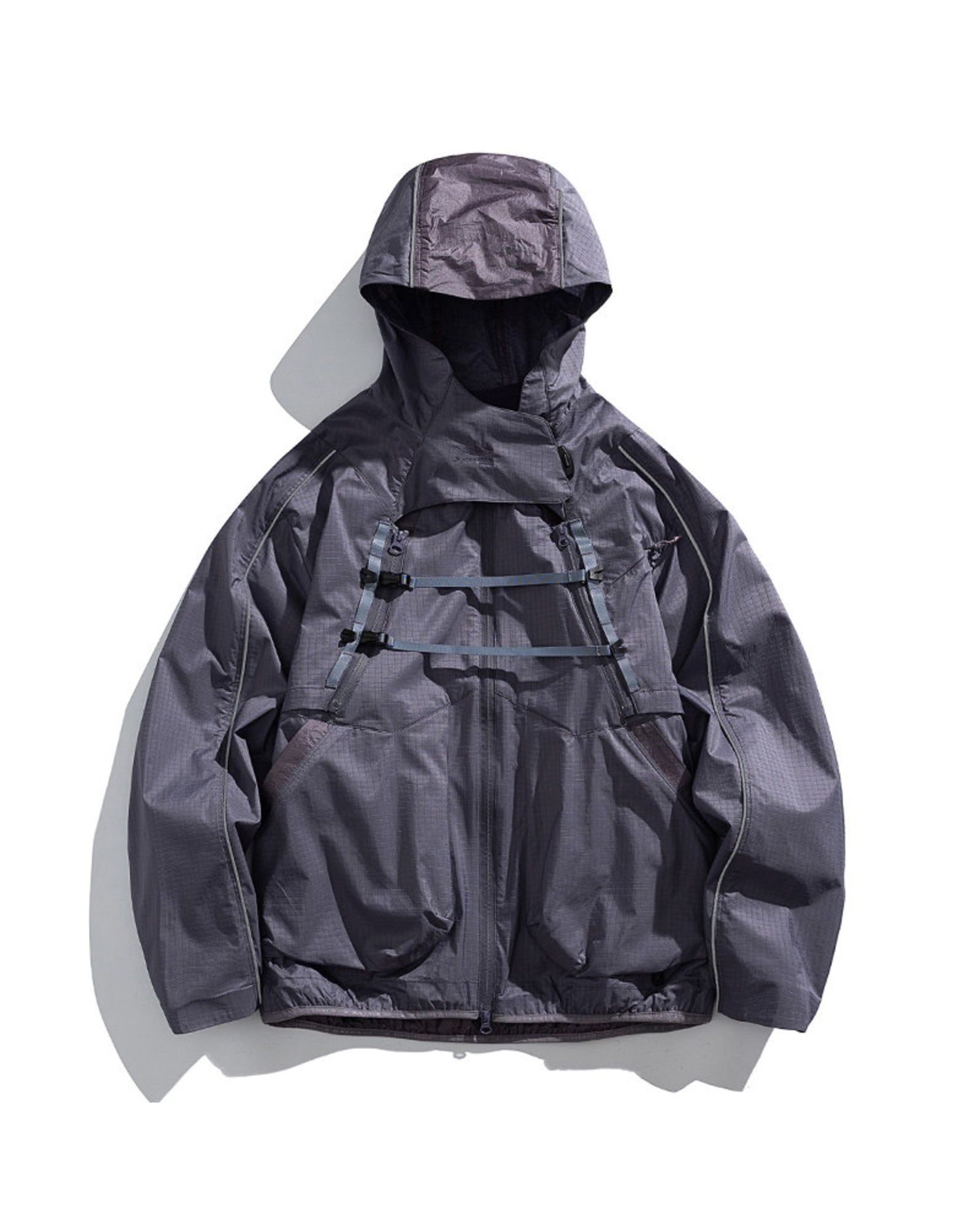 Mist Lavender 2-in-1 detachable hooded shell jacket flat lay front, muted slate-purple outdoor techwear