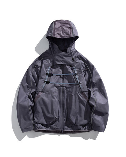 Mist Lavender 2-in-1 detachable hooded shell jacket flat lay front, muted slate-purple outdoor techwear