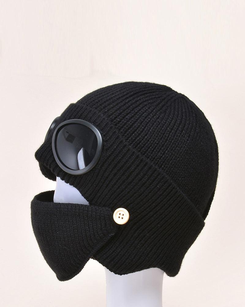 DeliaWinterfel Pilot Style Knitted Hat Glasses Ear Cap Thickened Warm Wool Hat Black